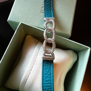Judith Ripka turquoise leather bracelet. Sterling silver.